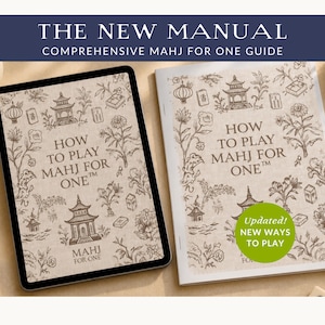 May include: A digital tablet and a printed booklet titled How to Play Mahj for One, featuring brown line art of pagodas, flowers, and tiles on a beige background. The booklet includes a green circular sticker that reads Updated! New Ways to Play.