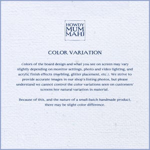 May include: A light blue background with text explaining color variations in handmade products. The text includes the shop's logo, "HOWDY MUM MAHJ", and a disclaimer about potential color differences due to screen settings and materials.