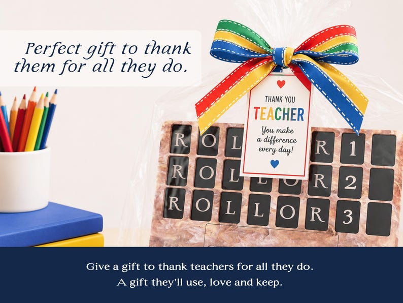 Image displays an acrylic gameboard packaged beautifully in cellophane wrapping and a primary color ribbon, stack of books, and colored pencils. Words "perfect gift to thank them for all they do." Image shares that the gameboard is a great gift idea for teachers, father's day, graduation.