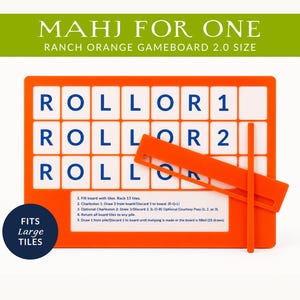 Op de afbeelding: Een oranje Mahjong-bord met de tekst "ROLLOR 1" en "ROLLOR 2" in blauw. Het spelbord bevat een tegelrek en twee oranje stokjes. De tekst "MAHJ FOR ONE" staat bovenaan.