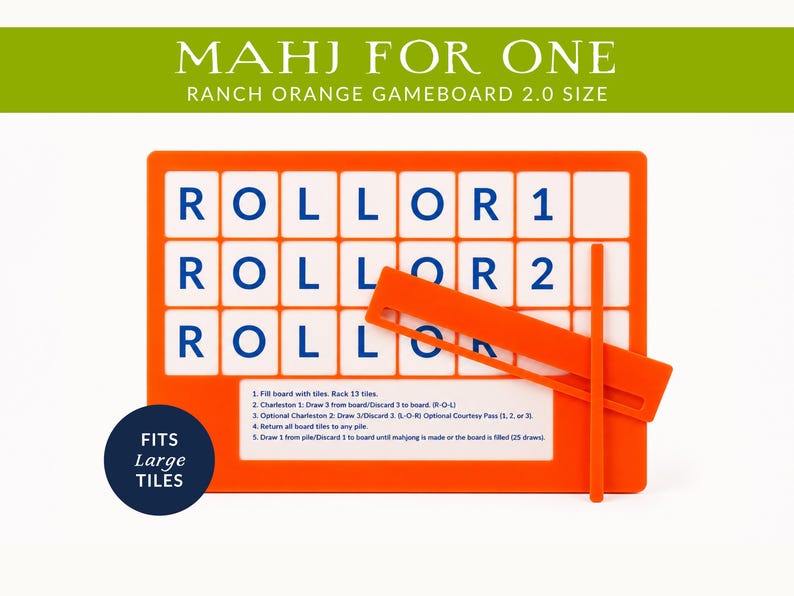 Op de afbeelding: Een oranje Mahjong-bord met de tekst "ROLLOR 1" en "ROLLOR 2" in blauw. Het spelbord bevat een tegelrek en twee oranje stokjes. De tekst "MAHJ FOR ONE" staat bovenaan.