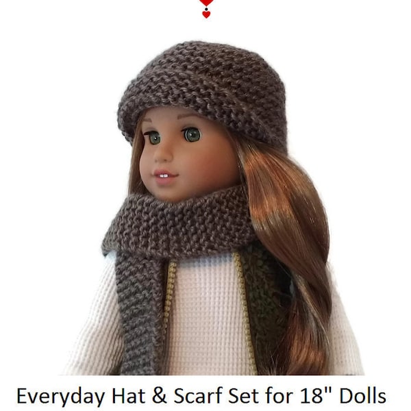 Everyday Hat & Scarf PDF Knitting Pattern fits 18" Dolls like American Girl, Journey Girls, Playwonder