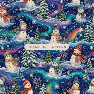 Peut inclure: Un motif répétitif représentant des bonhommes de neige avec des bonnets et écharpes en tricot, des sapins décorés et des arbres dénudés sur un fond bleu nuit avec une aurore boréale et des flocons. Le texte indique SEAMLESS PATTERN.