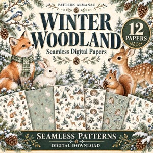 Peut inclure: Une collection numérique intitulée Winter Woodland Pattern Almanac comprenant 12 papiers numériques sans couture. L'illustration montre un renard, un lapin, un écureuil et un cerf dans une forêt enneigée avec des pins, des pommes de pin et des baies.