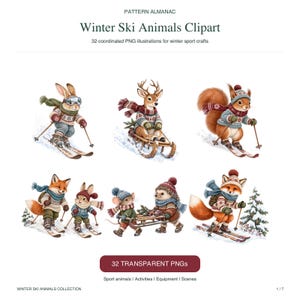Puede incluir: Una colección digital titulada Pattern Almanac Winter Ski Animals Clipart con 32 ilustraciones PNG coordinadas. Las imágenes muestran varios animales, incluyendo un conejo, ciervo, ardilla, zorro, ratón y erizo con ropa de invierno.