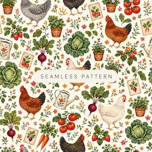 Peut inclure: Un motif répétitif composé de poules, choux, betteraves, carottes, tomates, plantes en pot et arrosoirs fleuris sur fond crème. Le texte SEAMLESS PATTERN est centré dans un rectangle horizontal de couleur claire en surimpression.