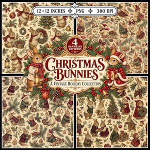 Peut inclure: Une collection numérique de quatre motifs sans couture représentant des lapins de style vintage en vêtements d'hiver, des branches de pin et des décorations de Noël. Le texte indique 12 x 12 INCHES, 4 SEAMLESS PATTERNS, CHRISTMAS BUNNIES.
