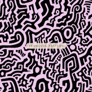 Peut inclure: Un motif sans couture présentant un design abstrait et dense de lignes noires épaisses et entrelacées sur un fond rose clair. Une étiquette rectangulaire centrée sur l'image contient le texte SEAMLESS PATTERN en lettres capitales noires.