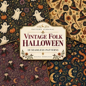 Peut inclure: Un ensemble de téléchargement numérique intitulé Pattern Almanac Vintage Folk Halloween comprenant 10 motifs continus avec des illustrations de fantômes, citrouilles, chapeaux de sorcière, chaudrons, vampires, cercueils, lunes, yeux et fleurs.