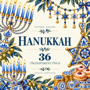 Hanukkah Clipart Bundle, 36 Blue and Gold Watercolor Celebration PNGs