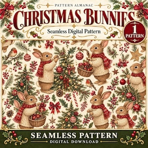 Peut inclure: Un motif numérique sans couture intitulé Christmas Bunnies représentant des lapins bruns portant des pulls en tricot torsadé crème et des écharpes rouges à motifs. Le design inclut des sapins décorés, des boules rouges, du houx, des pommes de pin et des rouges-gorges sur fond crème.