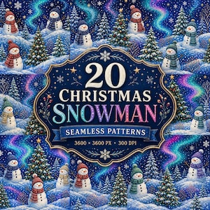 Peut inclure: Un graphique numérique avec un cadre bleu foncé orné portant le texte 20 CHRISTMAS SNOWMAN SEAMLESS PATTERNS 3600 x 3600 PX 300 DPI. L'arrière-plan montre une scène hivernale répétitive avec des bonhommes de neige, des sapins et des aurores.
