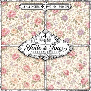Peut inclure: Un ensemble numérique de quatre motifs sans couture avec des fleurs dans des tons de rose, violet et crème. L'étiquette centrale indique 4 SEAMLESS PATTERNS Toile de Jouy PATTERN BUNDLE, et le texte supérieur indique 12 x 12 INCHES PNG 300 DPI.