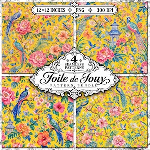 Peut inclure: Un lot numérique de quatre motifs sans couture sur fond jaune vif avec des illustrations d'oiseaux colorés, de fleurs roses et orange, et de pagodes. Le texte indique 12 x 12 INCHES PNG 300 DPI et 4 SEAMLESS PATTERNS Toile de Jouy PATTERN BUNDLE.