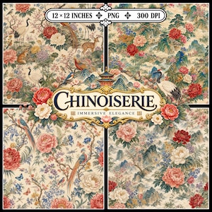Könnte beinhalten: Eine digitale Grafikdatei mit vier Paneelen von Chinoiserie-Mustern mit Kranichen, Hirschen, Fasanen und Pfingstrosen auf cremefarbenem Grund. Der Text 12 x 12 INCHES PNG 300 DPI und CHINOISERIE IMMERSIVE ELEGANCE ist auf das Bild gedruckt.