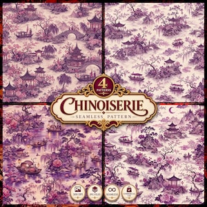 Peut inclure: Une collection numérique de quatre motifs continus présentant des paysages de style chinoiserie en violet et crème avec pagodes, ponts, bateaux et fleurs. Le texte central indique 4 PATTERNS CHINOISERIE SEAMLESS PATTERN avec des icônes pour 300 DPI, JPG, continu et usage commercial.