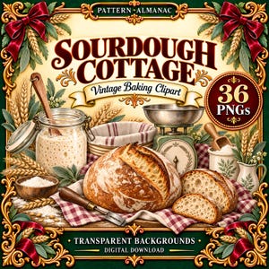 Peut inclure: Une collection numérique intitulée Sourdough Cottage Vintage Baking Clipart comprenant 36 fichiers PNG. L'image montre un pain au levain, un bocal en verre, une balance de cuisine, de la farine, des épis de blé et des ustensiles sur un tissu à carreaux.