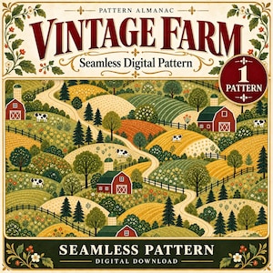 Peut inclure: Un motif numérique sans couture intitulé VINTAGE FARM représentant des collines, des granges rouges, des vaches noires et blanches, des arbres verts et des chemins sinueux. Le design inclut des fleurs, des clôtures et le texte VINTAGE FARM Seamless Digital Pattern et 1 PATTERN SEAMLESS PATTERN DIGITAL DOWNLOAD.