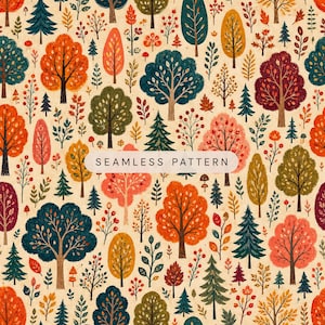 Peut inclure: Un motif répétitif composé d'arbres et de feuillages illustrés dans des tons orange, rouge, vert, jaune et bleu sur un fond crème. Le texte SEAMLESS PATTERN est centré dans un rectangle horizontal blanc superposé à l'image.