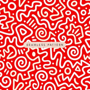 Peut inclure: Un motif répétitif sur fond rouge vif avec des éléments dessinés à la main en blanc, incluant des lignes ondulées, des spirales, des cercles et des formes géométriques. Le texte "SEAMLESS PATTERN" est centré dans un rectangle clair.