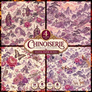 Peut inclure: Un lot de papier numérique comprenant quatre motifs sans couture avec des thèmes Chinoiserie. Les designs incluent des guerriers, dragons, pagodes, montagnes, pivoines, papillons, grues et cerfs dans des tons violets, roses et crème.