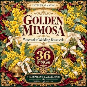 Peut inclure: Un graphique numérique avec le texte Pattern Almanac, Golden Mimosa, Watercolor Wedding Botanicals, 36 PNGs et Transparent Backgrounds. Le design inclut des fleurs de mimosa jaunes, des rubans blancs et du velours rouge.