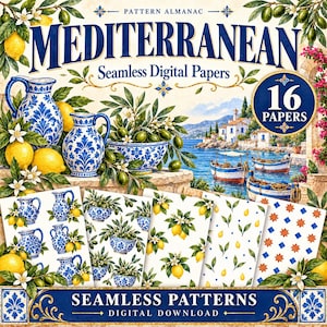 Könnte beinhalten: Ein digitales Download-Set mit dem Titel Pattern Almanac Mediterranean Seamless Digital Papers mit 16 Papieren. Das Bild zeigt blau-weiße Keramikkrüge und Schalen mit Zitronen und Oliven sowie eine Küstenlandschaft und verschiedene Musterbeispiele.