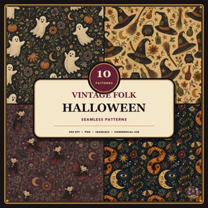 10 Vintage Folk Halloween Seamless Patterns, Spooky Digital Paper Bundle, Ghost Pumpkin Witch PNG, Gothic Scrapbook Fabric Designs