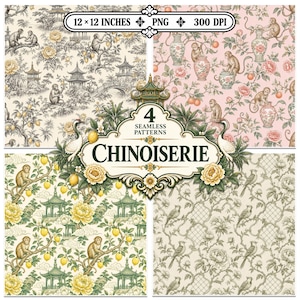 Peut inclure: Quatre motifs numériques sans couture présentant des designs Chinoiserie avec des singes, des oiseaux, des pagodes, des citrons et des motifs floraux en noir, blanc, rose, vert et beige. L'image inclut le texte 12 x 12 inches, PNG, 300 DPI, 4 seamless patterns.