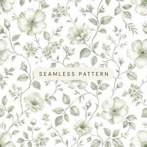 Könnte beinhalten: Ein nahtloses Muster mit einem sich wiederholenden botanischen Design aus salbeigrünen Blumen, Knospen und Blättern auf weißem Grund. Ein zentrales, horizontales beiges Etikett mit abgerundeten Ecken zeigt den Text SEAMLESS PATTERN in Schwarz.