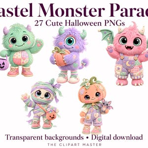 Cute Halloween Monster Clipart Bundle: 27 Pastel PNGs for Scrapbooks, Cards and Fall Crafts