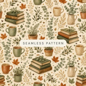 Peut inclure: Un motif répétitif composé de piles de livres, de tasses en céramique remplies de café, de plantes en pot et de feuilles d'automne sur un fond crème. Le design inclut des branches d'olivier, des brins d'eucalyptus et des petits cœurs.