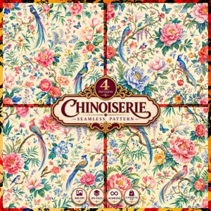 Peut inclure: Un affichage graphique numérique présentant quatre motifs Chinoiserie sans couture avec des fleurs et des oiseaux. Le texte central indique 4 PATTERNS CHINOISERIE SEAMLESS PATTERN, avec des icônes pour 300 DPI, JPG, sans couture et usage commercial.