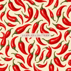 Peut inclure: Un motif répétitif composé de nombreux piments rouges vifs avec des tiges vertes dispersés sur un fond crème clair. Le style de l'illustration est texturé et dessiné à la main, avec le texte SEAMLESS PATTERN centré au milieu.