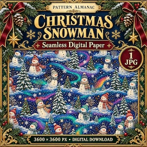 Peut inclure: Un fichier de papier numérique sans couture intitulé Pattern Almanac Christmas Snowman présentant un motif répétitif de bonhommes de neige avec écharpes et bonnets, sapins et flocons sur fond bleu foncé avec des aurores boréales colorées.