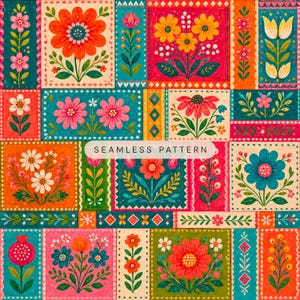 Peut inclure: Un motif sans couture composé d'une grille de panneaux rectangulaires remplis d'illustrations florales colorées. Le design présente diverses fleurs dans des tons de rouge, orange, jaune, rose et bleu, sur des fonds bleu sarcelle, orange et rose.