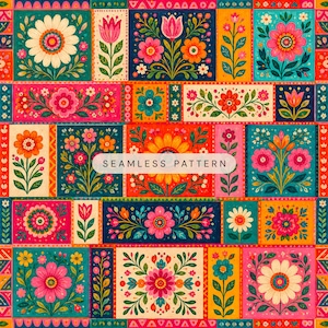Peut inclure: Un motif sans couture composé d'une grille de panneaux rectangulaires avec des illustrations florales colorées. Chaque section présente diverses fleurs dans des tons de rose, orange, jaune et blanc sur des fonds bleu sarcelle, rouge et crème. Le texte indique SEAMLESS PATTERN.