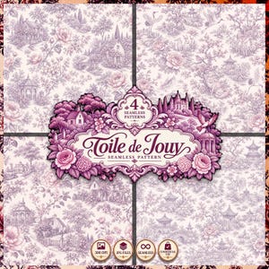 Peut inclure: Une collection numérique de quatre motifs Toile de Jouy sans couture avec des illustrations à l'encre violette de paysages, pagodes et motifs floraux sur fond clair. L'étiquette centrale affiche le texte 4 SEAMLESS PATTERNS Toile de Jouy.