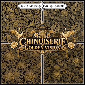Peut inclure: Un ensemble graphique numérique composé de quatre panneaux à motifs noirs et dorés avec des grues, des carpes koï, des fleurs de lotus et des pagodes. Le texte central indique CHINOISERIE GOLDEN VISION, avec 30,48 x 30,48 cm PNG 300 DPI.