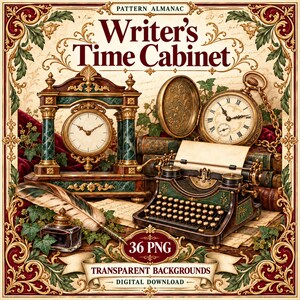 Writer’s Time Cabinet Clipart, 36 Transparent PNGs for Invitations and Journals