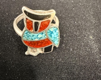 Sterling Zuni inlay owl ring