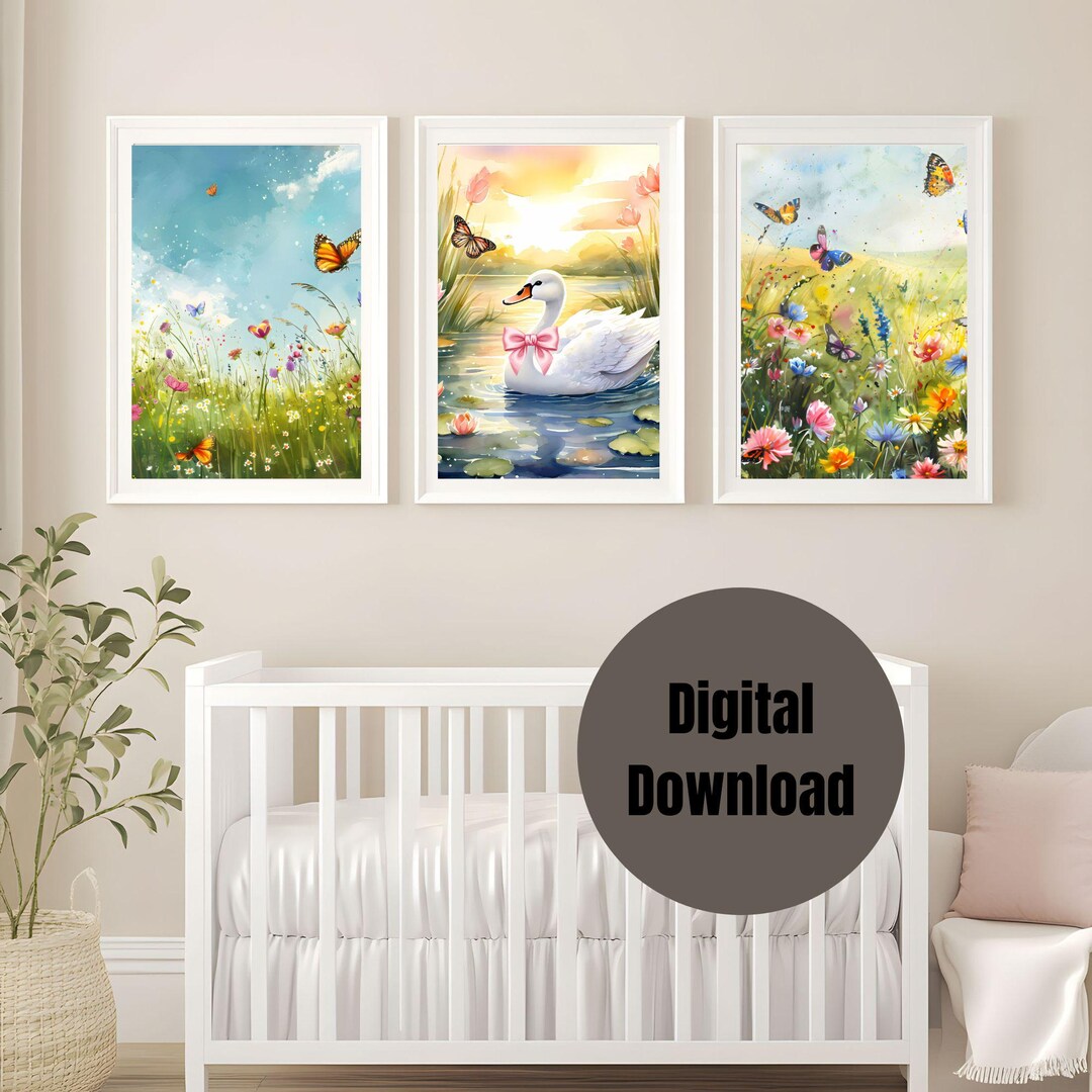 Swan Nursery Wall Art Set, Baby Girl Prints, Wildflower Butterfly Decor ...