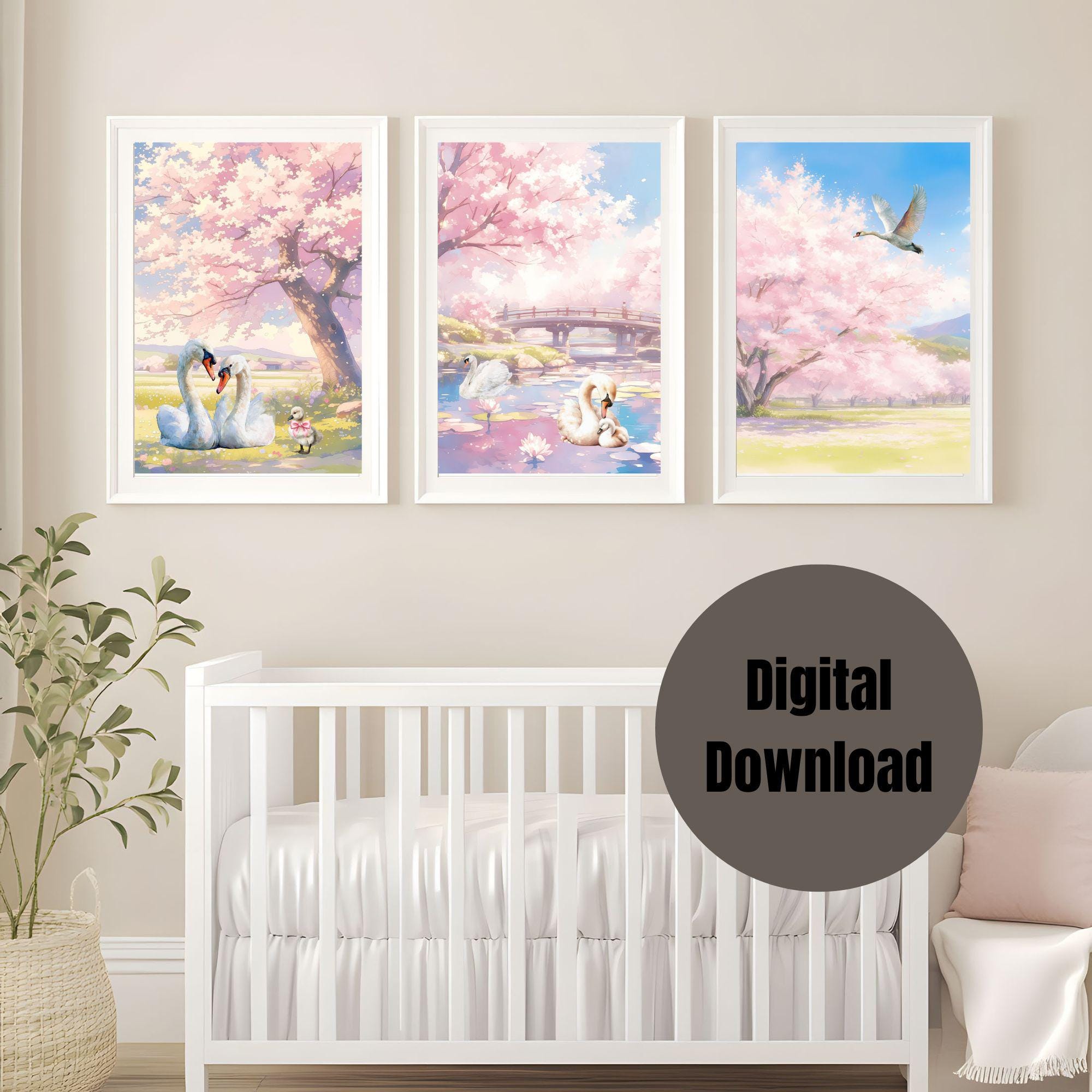 Watercolor Swan Nursery Art Set, Baby Girl Prints, Pink Cherry Blossom ...