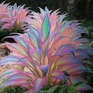 Peut inclure: Gros plan sur des plantes aux grandes feuilles superposées dans un jardin. Les feuilles sont un mélange de rose, de violet, de vert et d'orange, créant un effet arc-en-ciel. L'image montre une variété de plantes avec un accent sur le feuillage coloré.