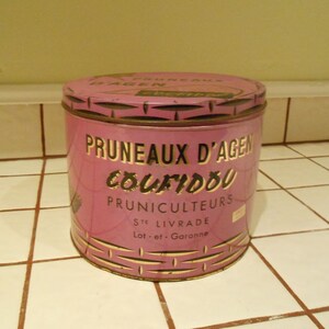 Seltene Pruneaux d&#39;Agen Coufidou Dose - 1940er Vintage Französische Pflaumendose - Made in France