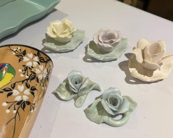 Vintage Capodimonte Candle Holder. Ceramic Rose and Leaves
