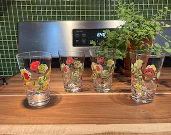Vintage 2000 Anthropologie Hand Painted Floral Drinking Glassware Set of 4