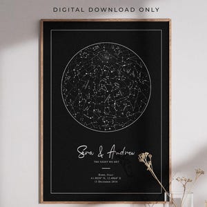 May include: A framed black and white star map print. The print features a circular depiction of the night sky with constellations. The names "Sara & Andrew" are written in cursive, along with the date and coordinates. The frame is a light brown color.