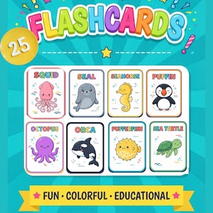 Op de afbeelding: Een set van 25 educatieve flashcards met kleurrijke illustraties van zeedieren zoals een inktvis, zeehond, zeepaardje, papegaaiduiker, octopus, orka, kogelvis en zeeschildpad, weergegeven op een helderblauwe achtergrond met tekst.