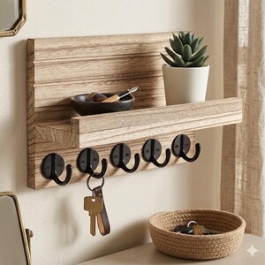 Peut inclure: Un porte-clés mural en bois avec une étagère et cinq crochets en métal noir. L'étagère contient une petite plante succulente dans un pot blanc et un petit bol foncé avec des objets. Des clés sont suspendues à un crochet. Le bois a une finition naturelle brun clair.